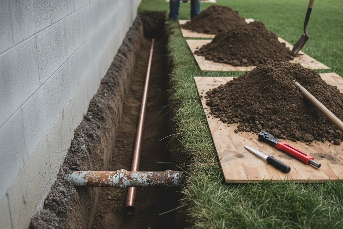 Excavated water line trench during Sewer Line Repair in Klemme